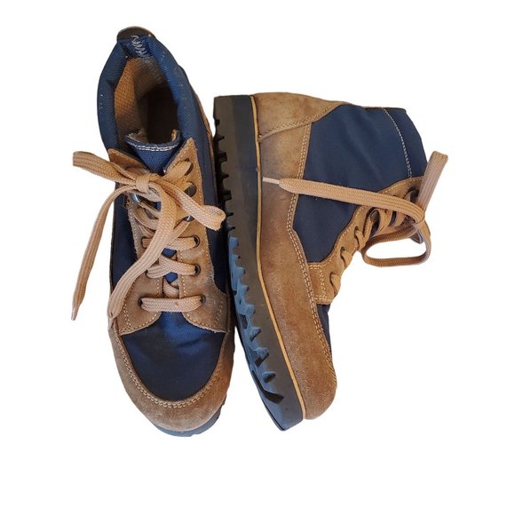 Vibram 8 Made in Italy Blue Canvas Brown Cowhide 2 Tone Chunky Platform Lace Up - Picture 1 of 8